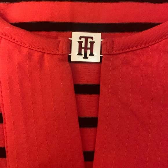 Red & black striped top. Silky soft; styled neck with designer ornament. - Picture 3 of 4